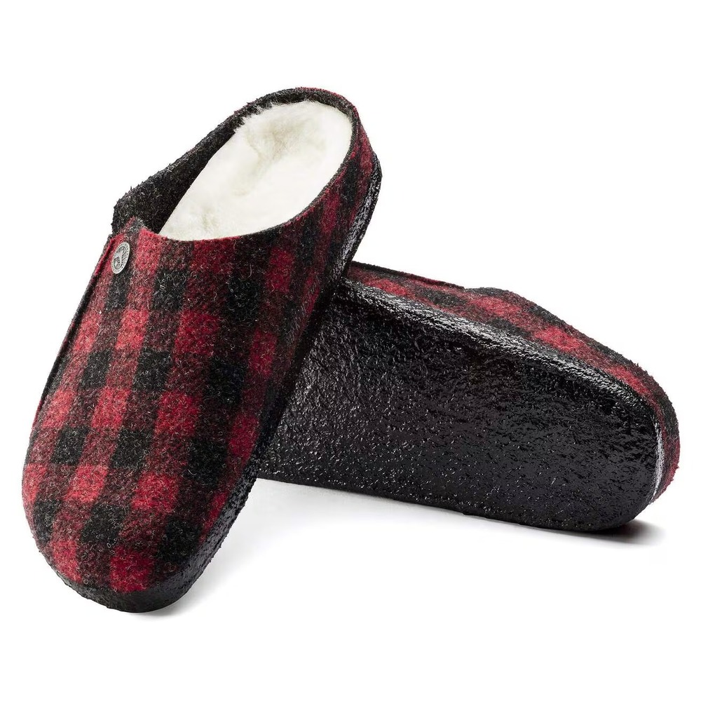 Womens US 7 EU 38 Narrow Birkenstock Zermatt Shearling Rivet Plaid Red Slippers